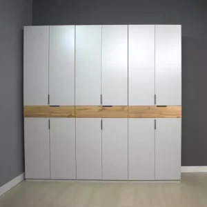 Dulap King 6s, Gri / Stejar Gold, L 240 x H 240 x A 50 cm, cu 3 sertare, Balamale Soft close si Glisiere Hafele, PAL 18 mm, Depozitare ampla, Compartimentare Flexibila