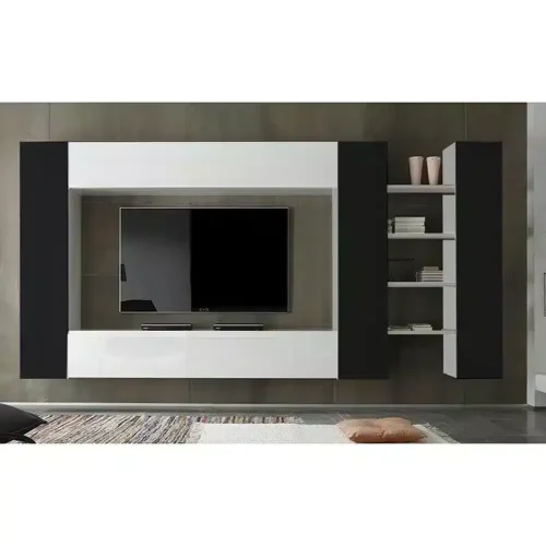 Living Broadway 2a3n 1.1 Living Broadway cu 3 usi negre si 2 albe, corpuri sufragerie suspendabile si 4 polite, mobilier sufragerie