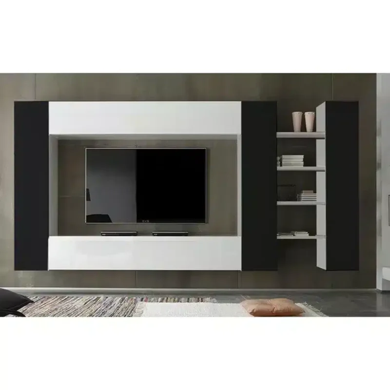 Living Broadway 2a3n 1.1 Living Broadway cu 3 usi negre si 2 albe, corpuri sufragerie suspendabile si 4 polite, mobilier sufragerie