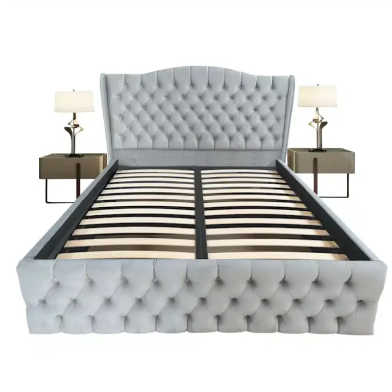 Pat tapitat Doha dublu, Gri deschis, catifea, somiera rabatabila, spatiu depozitare, 140 160 180 200 x 200 cm