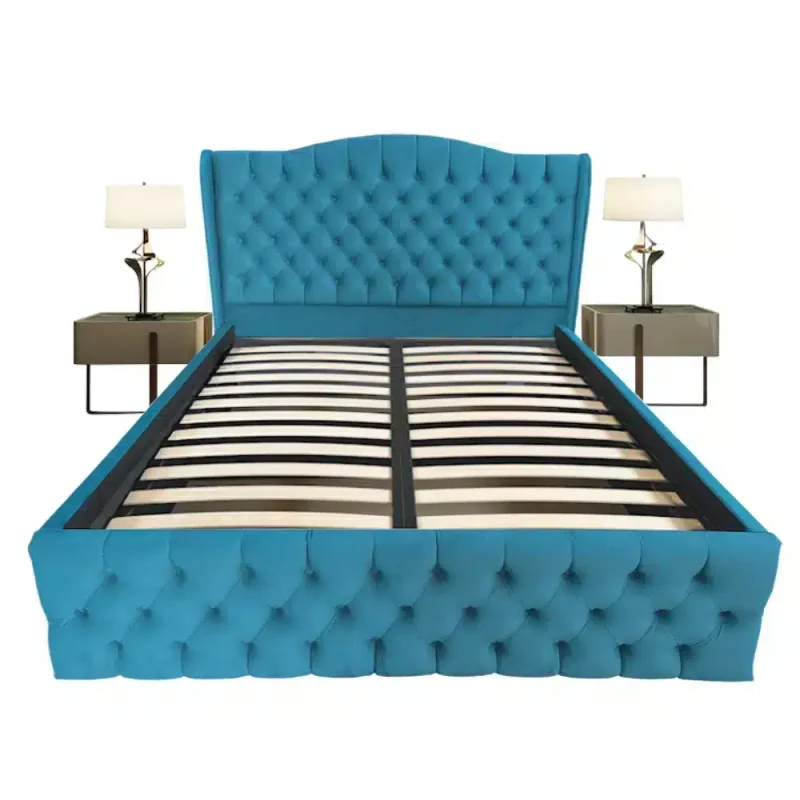 Pat tapitat Doha dublu, Albastru deschis, catifea, somiera rabatabila, spatiu depozitare, 140 160 180 200 x 200 cm