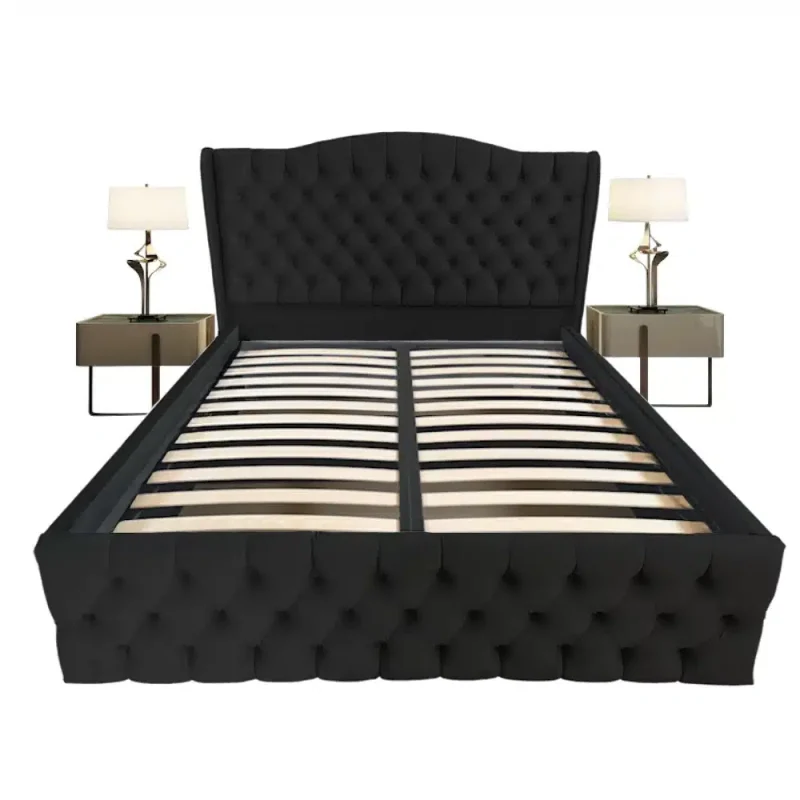 Pat tapitat Doha dublu, Negru, catifea, somiera rabatabila, spatiu depozitare, 140 160 180 200 x 200 cm