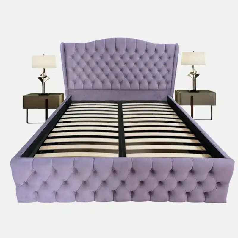 Pat tapitat Doha dublu, Mov, catifea, somiera rabatabila, spatiu depozitare, 140 160 180 200 x 200 cm