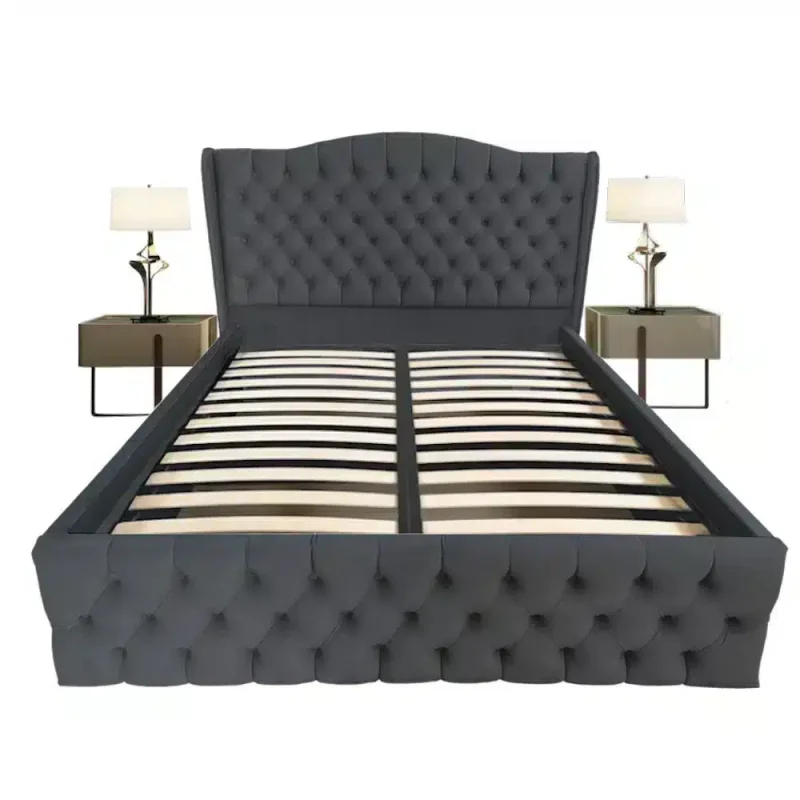 Pat tapitat Doha dublu, Gri inchis, catifea, somiera rabatabila, spatiu depozitare, 140 160 180 200 x 200 cm