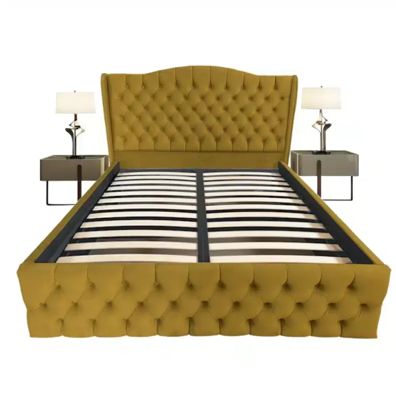 Pat tapitat Doha dublu, Mustar, catifea, somiera rabatabila, spatiu depozitare, 140 160 180 200 x 200 cm