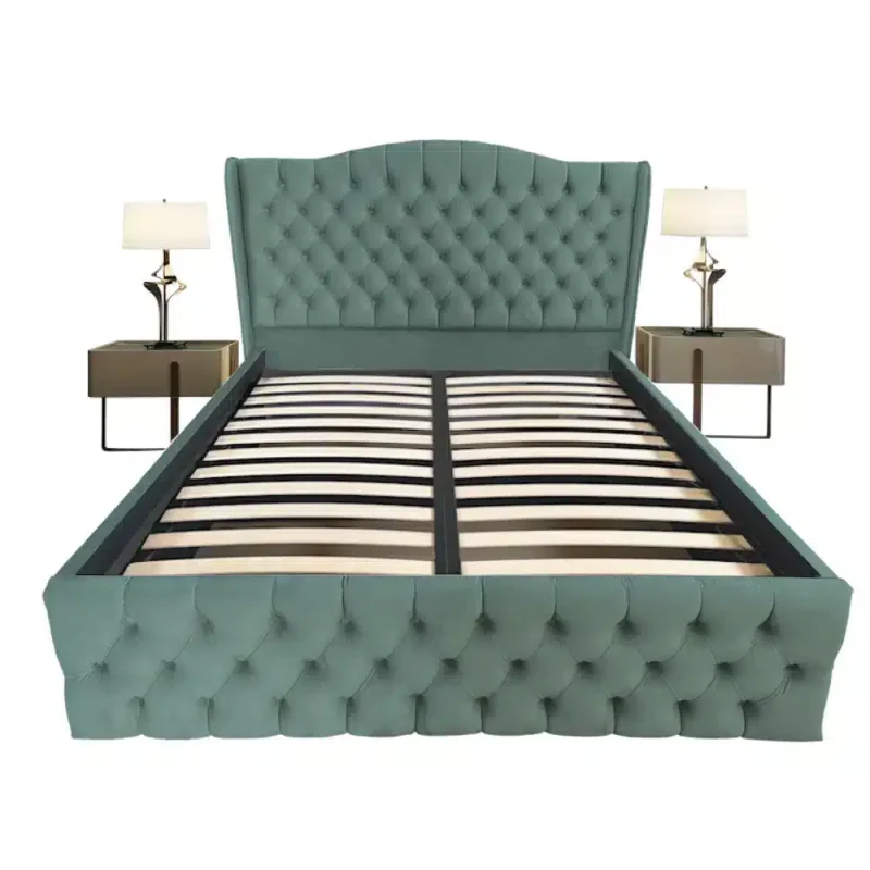 Pat tapitat Doha dublu, Verde deschis, catifea, somiera rabatabila, spatiu depozitare, 140 160 180 200 x 200 cm