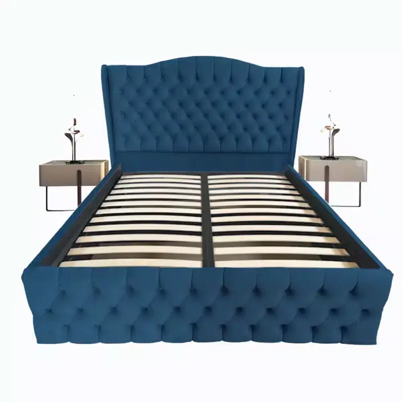 Pat tapitat Doha dublu, Albastru inchis, catifea, somiera rabatabila, spatiu depozitare, 140 160 180 200 x 200 cm