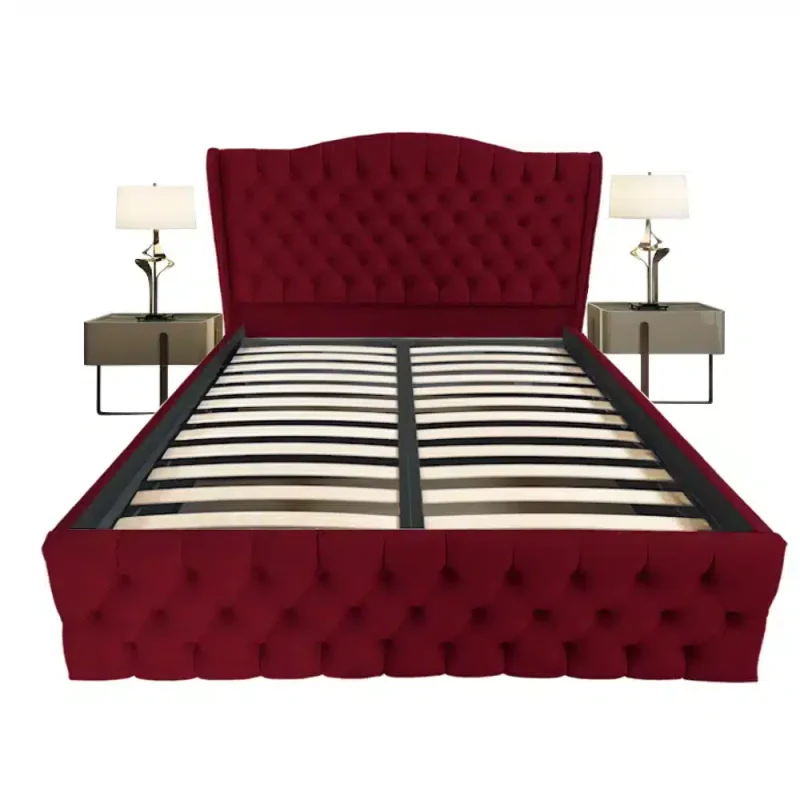 Pat tapitat Doha dublu, Rosu, catifea, somiera rabatabila, spatiu depozitare, 140 160 180 200 x 200 cm