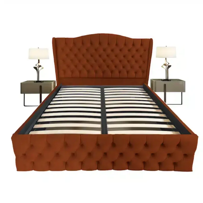 Pat tapitat Doha dublu, Caramiziu, catifea, somiera rabatabila, spatiu depozitare, 140 160 180 200 x 200 cm