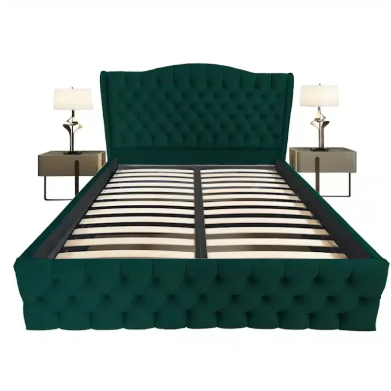 Pat tapitat Doha dublu, Verde, catifea, somiera rabatabila, spatiu depozitare, 140 160 180 200 x 200 cm