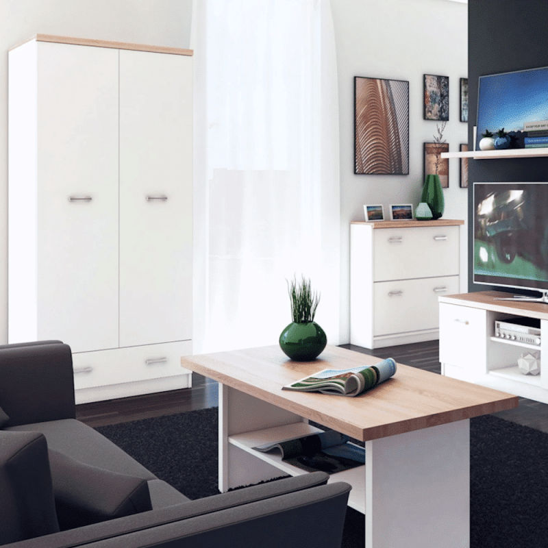 dulap cu 2 usi si 1 sertar din PAL Alb si Stejar Sonoma