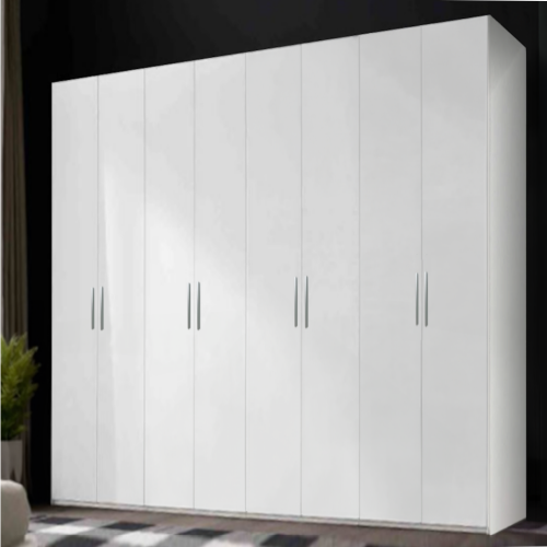 8.Dulap Mondo 8 usi alb 1 Dulap Mondo 8 usi alb manere argintii - vedere frontala in dormitor