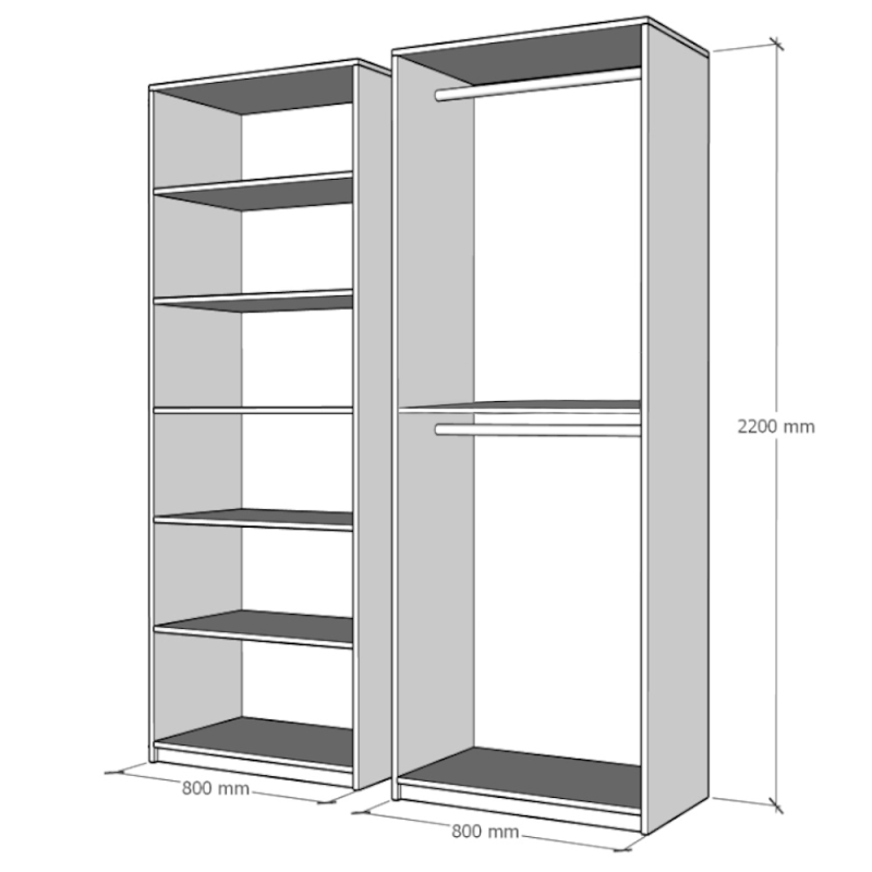 Schita Dulap Mondo 4 usi Schiță interior dulap Mondo 4 uși - 6 polițe și 2 bare de haine